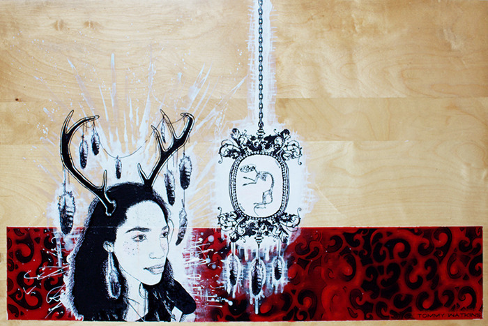 tommy watkins-ms. magpie-lattice paint  mixed media on wood-21x35 in-2011.jpg